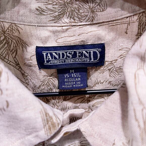 Lands End Vintage 90s Linen Tropical Island Print Shirt Beige Hawaii Mens Medium - Picture 5 of 6
